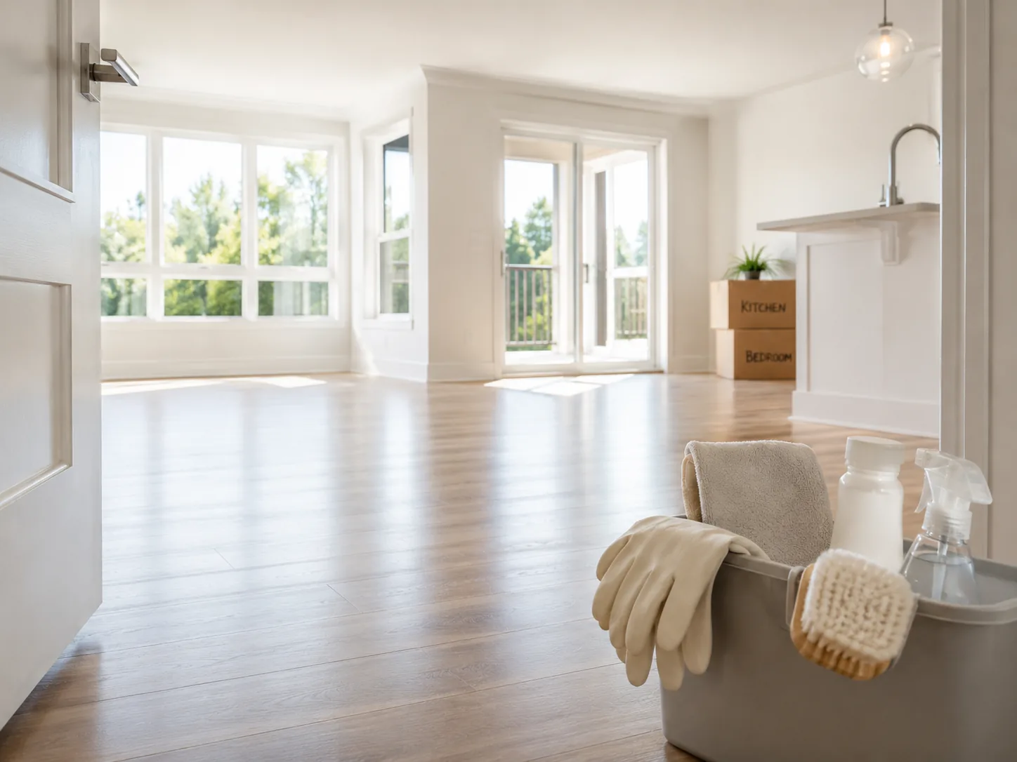 Cleaning supplies in an empty bright home prepared for move-in or move-out cleaning